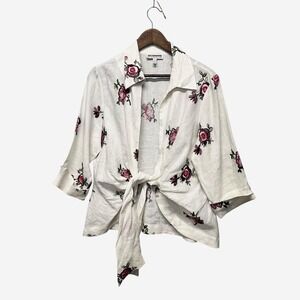 Vtg Womens White Tie Front 100% Linen Jacket Blazer Size L 3/4 Sleeve Lightweigh